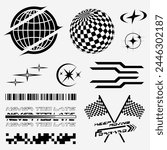 Element Streetwear fashion design vector set including checkered flag, globe, checked sphere, stars, abstract shape, barcode. 