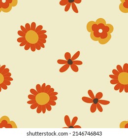 Element in the style of 1970's good vibes. Psychedelic fun element for design. Use for printing, stickers, wallpaper, packaging, logos, decoration. Set of flowers, daisies, seamless pattern