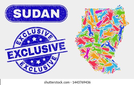 Element Sudan map and blue Exclusive grunge seal. Colorful vector Sudan map mosaic of productivity. Blue rounded Exclusive seal.