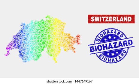 Element Switzerland map and blue Biohazard textured stamp. Colorful gradiented vector Switzerland map mosaic of industrial components. Blue rounded Biohazard stamp.