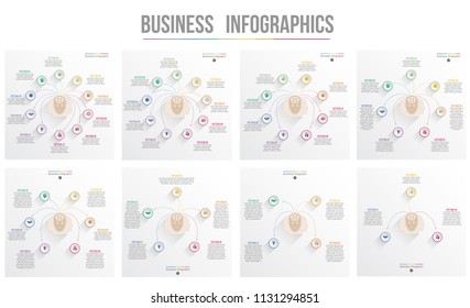 Element for template infographic business concept for 3, 4, 5, 6, 7, 8, 9 options, parts, or processes. Arrows to positions from the person's head,  conceptual scheme for successful business projects.