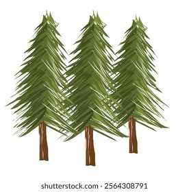 element "Three Tall Evergreen Trees with Dense Green Foliage and Brown Trunks Arranged in a Row, Captured in Detail