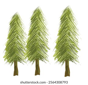 element "Three Tall Evergreen Trees with Dense Green Foliage and Brown Trunks Arranged in a Row, Captured in Detail