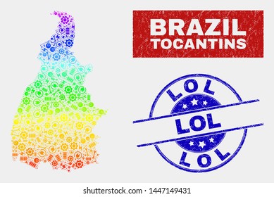 Element Tocantins State map and blue Lol textured seal stamp. Rainbow colored gradient vector Tocantins State map mosaic of production parts. Blue round Lol stamp.