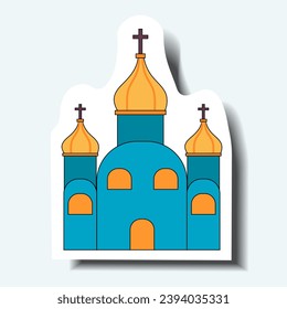 Elemento de la Navidad ucraniana en el diseño de pegatinas. Muestra de una pieza de la tradición navideña ucraniana - una encantadora iglesia representada en un colorido estilo emoticono. Ilustración vectorial.
