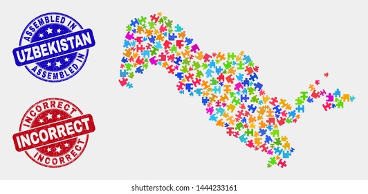 Element Uzbekistan map and blue Assembled seal stamp, and Incorrect scratched seal stamp. Colorful vector Uzbekistan map mosaic of plugin units. Red rounded Incorrect imprint.