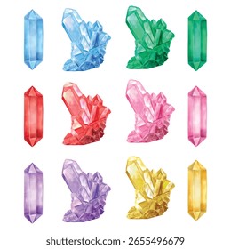Element vector of Crystal isolated on transparent back ground has two design, six color, hand draw with watercolor.