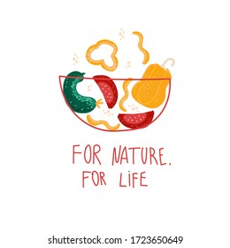 element for a vegan on an isolated background. Vegan concept. Organic concept. Postcard. Vitamins on a white background. The inscription " for nature. for life". Vector.
