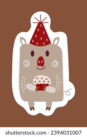 Element of winter set in cute design. The image of a cute Christmas dog with a gift is the central plot on this warm brown background. Vector illustration.
