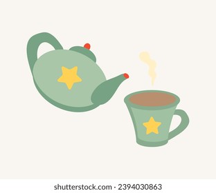 Element of winter set in flat cartoon design. This charming illustration features a Christmas teapot with cups, creating a magical and festive atmosphere. Vector illustration.