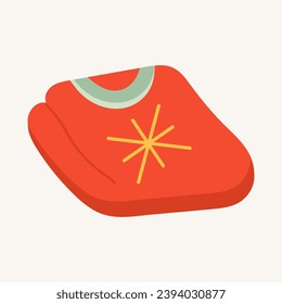 Element of winter set in flat cartoon design. A warm sweater takes center stage in a colorful style, infusing the scene with a festive and inviting Christmas vibe. Vector illustration.