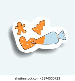 Element of winter set in sticker design. This colorful Christmas sticker depict a festive and whimsical cookie decoration, perfect for adding a joyful touch to baked goods. Vector illustration.