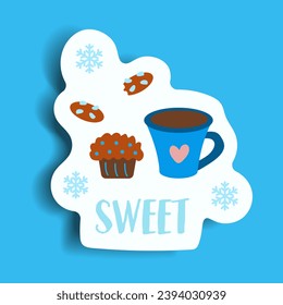 Element of winter set in sticker design. This lively Christmas sticker showcase the message Sweet against a cool blue background, it's tasty touch to holiday decor. Vector illustration.