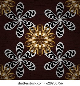 Element woodcarving. Furniture in classic style. Carving. Small depth of field. Pattern on brown background with golden elements. Brown tree with gold trim. Luxury furniture. Patina.