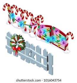 Element of wooden fence and candy cane with Christmas decorations isolated on white background. Vector cartoon close-up illustration.