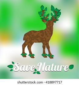 Element for World Environment Day. Deer with horns in the form of a tree with leaves. Inscription Save Nature. Deer Icon. Vector Illustration