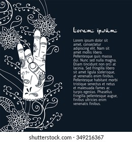 Element yoga apan Prithivi mudra hands with mehendi patterns. Vector illustration for a yoga studio, tattoo, spa, postcards, souvenirs.