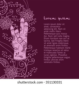 Element yoga apan Prithivi mudra hands with mehendi patterns. Vector illustration for a yoga studio, tattoo, spa, postcards, souvenirs.