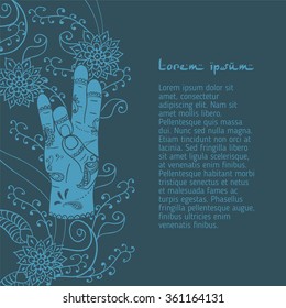 Element yoga apan Prithivi mudra hands with mehendi patterns. Vector illustration for a yoga studio, tattoo, spa, postcards, souvenirs.