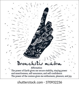  Element yoga Bronchitis mudra hands with mehendi pattern. Vector illustration for a yoga studio, tattoo, spa, postcards, souvenirs.