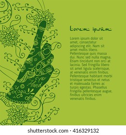  Element yoga Bronchitis mudra hands with mehendi patterns. Vector illustration for a yoga studio, tattoo, spa, postcards, souvenirs.