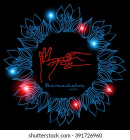 Element yoga dharmachakra mudra hands with mehendi patterns. Vector illustration for a yoga studio, tattoo, spa, postcards, souvenirs.