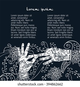 Element yoga dharmachakra mudra hands with mehendi patterns. Vector illustration for a yoga studio, tattoo, spa, postcards, souvenirs.