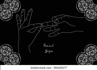 Element yoga dharmachakra mudra hands with mehendi patterns. Vector illustration for a yoga studio, tattoo, spa, postcards, souvenirs.