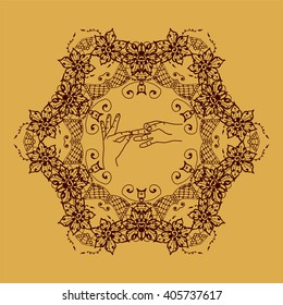 Element yoga dharmachakra mudra hands with mehendi patterns. Vector illustration for a yoga studio, tattoo, spa, postcards, souvenirs.