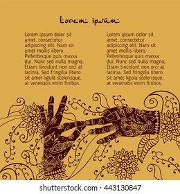 Element yoga dharmachakra mudra hands with mehendi patterns. Vector illustration for a yoga studio, tattoo, spa, postcards, souvenirs.