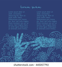 Element yoga dharmachakra mudra hands with mehendi patterns. Vector illustration for a yoga studio, tattoo, spa, postcards, souvenirs.