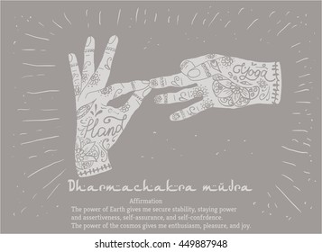 Element yoga dharmachakra mudra hands with mehendi patterns. Vector illustration for a yoga studio, tattoo, spa, postcards, souvenirs.