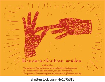 Element yoga dharmachakra mudra hands with mehendi patterns. Vector illustration for a yoga studio, tattoo, spa, postcards, souvenirs.