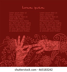 Element yoga dharmachakra mudra hands with mehendi patterns. Vector illustration for a yoga studio, tattoo, spa, postcards, souvenirs.