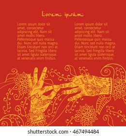 Element yoga dharmachakra mudra hands with mehendi patterns. Vector illustration for a yoga studio, tattoo, spa, postcards, souvenirs.