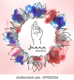 Element yoga jnana mudra hands with mehendi patterns. Vector illustration for a yoga studio, tattoo, spa, postcards, souvenirs. 