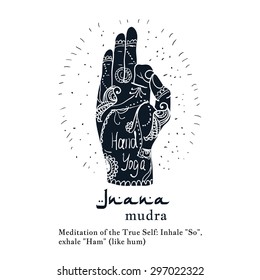 Element yoga jnana mudra hands with mehendi patterns. Vector illustration for a yoga studio, tattoo, spa, postcards, souvenirs. 