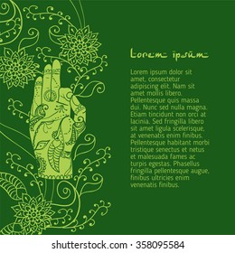 Element yoga jnana mudra hands with mehendi patterns. Vector illustration for a yoga studio, tattoo, spa, postcards, souvenirs.