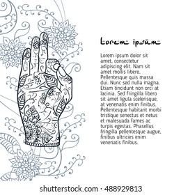 Element yoga Jnana mudra hands with mehndi patterns. illustration. Indian traditional lifestyle.