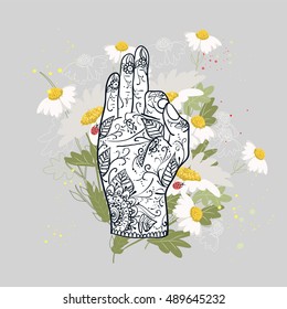 Element yoga Jnana mudra hands with mehndi patterns. illustration. Indian traditional lifestyle.