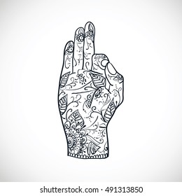 Element yoga Jnana mudra hands with mehndi patterns. illustration. Indian traditional lifestyle.