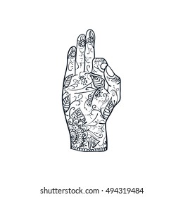 Element yoga Jnana mudra hands with mehndi patterns. illustration. Indian traditional lifestyle.