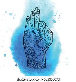 Element yoga Jnana mudra hands with mehndi patterns. illustration. Indian traditional lifestyle.