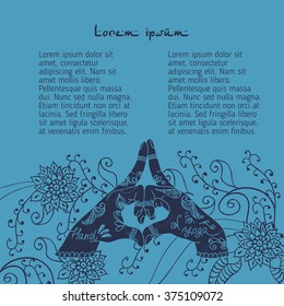  Element yoga kalesvara mudra hands with mehendi pattern. Vector illustration for a yoga studio, tattoo, spa, postcards, souvenirs.
