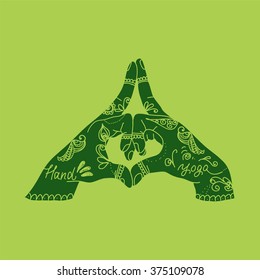 Element yoga kalesvara mudra hands with mehendi pattern. Vector illustration for a yoga studio, tattoo, spa, postcards, souvenirs.