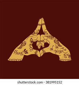  Element yoga kalesvara mudra hands with mehendi pattern. Vector illustration for a yoga studio, tattoo, spa, postcards, souvenirs.