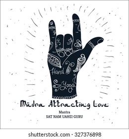 Element yoga Mudra attracting love hands with mehendi patterns. Vector illustration for a yoga studio, tattoo, spa, postcards, souvenirs. 