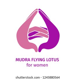 Element yoga mudra flying lotus. Vector illustration for a yoga studio, spa, postcards, souvenirs. Hand drawn pink hand and purple hand in gesture on a white background. Colorful hands in meditation
