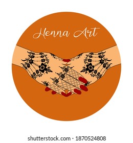 Element yoga mudra hands with henna art. Vector illustration for a yoga studio, tattoo, spas, postcards, souvenirs. Indian traditional lifestyle.