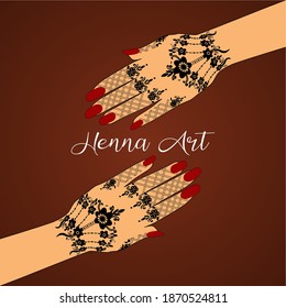 Element yoga mudra hands with henna art. Vector illustration for a yoga studio, tattoo, spas, postcards, souvenirs. Indian traditional lifestyle.